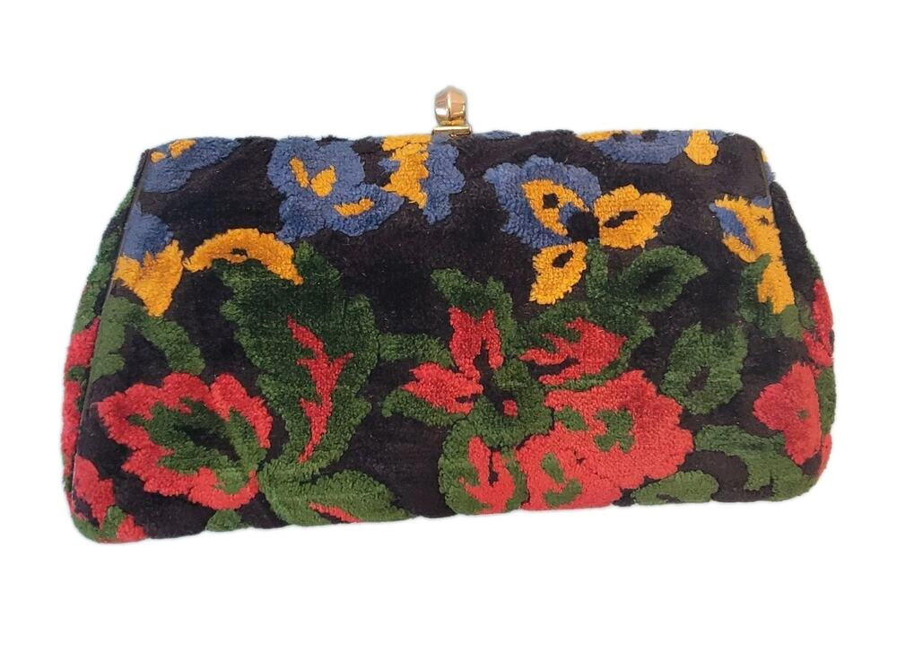 VTG Floral Tapestry Clutch Purse Handbag Chain Handle Kiss Lock Carpet Bag Mod